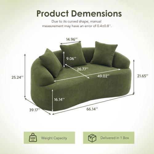 Bellemave LY-025S Curved Loveseat  Full Compression Sponge Sofa, 30D Chenille No-Assembly Compact Sofa for Small Spaces & Apartments, 65"L, 300 lbs, 3 Pillows