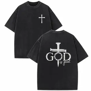 B-God Is Good Christian Cross Graphic Tee Heavyweight Wash Black T-Shirt | Vintage Acid Wash Oversized Crown of Thorns Streetwear Tee Y2K Grunge Aesthetic Shirt Men Women 100% Pure Cotton Premium Drop Shoulder Loose Fit Casual Bible Top