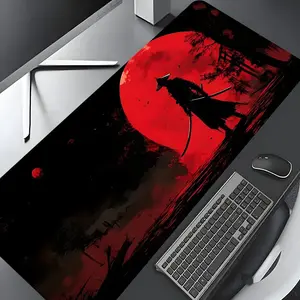Samurai & Red Moon Pattern Mouse Pad, Rectangle Gaming Mouse Pad, Non-slip Rubber Base Keyboard Mat for Home Office Desk Accessories