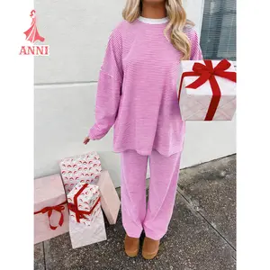 Women's Beige And White Striped Pullover Top And Wide Leg Pants Set Loose Fit Two Piece Outfit Perfect For Casual Wear Summer Spring Comfortable Stylish Pants Set For Women