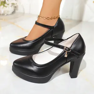 Black leather thick sole thick heel retro elegant high heels