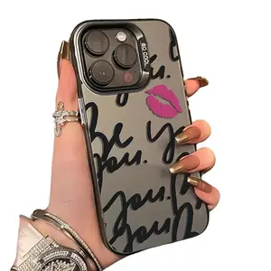 A Phone Case Featuring Graffiti, Uniquely Designed with English Text And a Lip Print Electroplating Design, Compatible with Various Apple Iphone Models Including The 17 16 15 14 13 12 11 PRO MAX PLUS,AIR and iPhone XR XS MAX 7 8Plus 1, And Several Others.