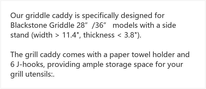 Heavy Duty Griddle Caddy for Blackstone & Prep Cart, Side Shelf Organizer with Paper Towel Holder, Space Saving BBQ Grill Accessory Storage Box with 6 J-Hooks