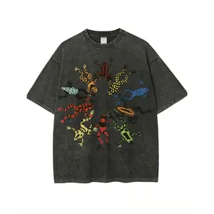 Washed, Dancing Frog Feast Print T-shirt, High-quality Batik Vintage Fashion Brand T-shirt, Unisex T-shirt, Popular Daily Wear T-shirt, Holiday Gift, Perfect Present