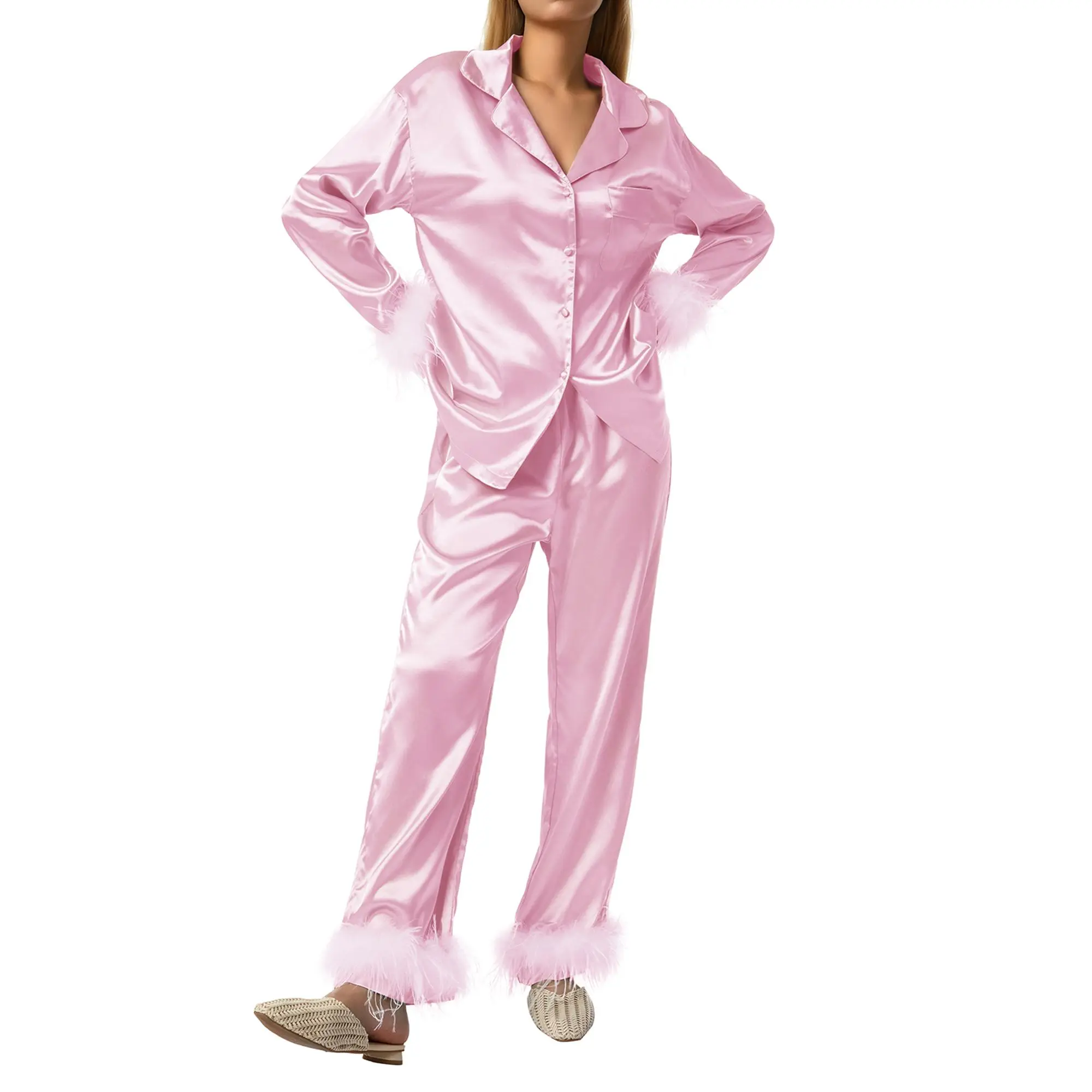 Silk Pajamas for Women with Feather Trim Long Sleeve Satin Pajama Set 2 Piece Button Down Pjs Print Sleepwear