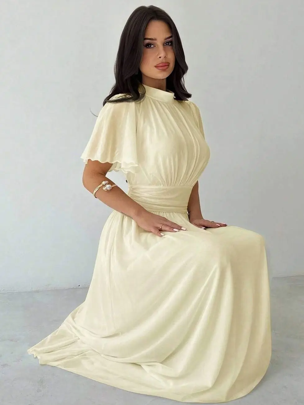 Women's Elegant Romantic High-Waisted A-Line Ruffle Dress,Stand Collar Flare Sleeves White Summer Modest Maxi Wedding Garden Party Mother Of The Bride