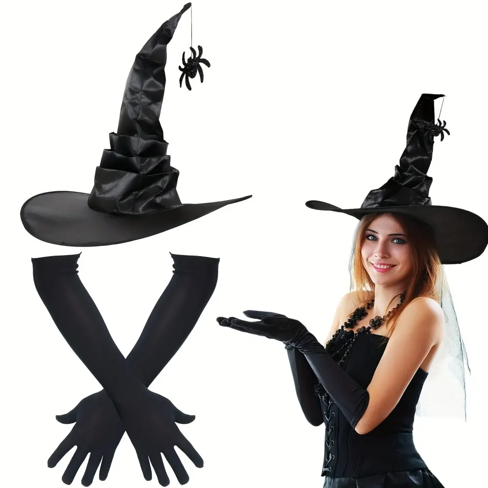 Women's 2-Piece Halloween Party Accessory Set - Comfortable Soft Shiny Spider Satin Witch Hat, Ruched Long Elastic Lightweight Gloves for Adult Role-Playing, Birthday Events