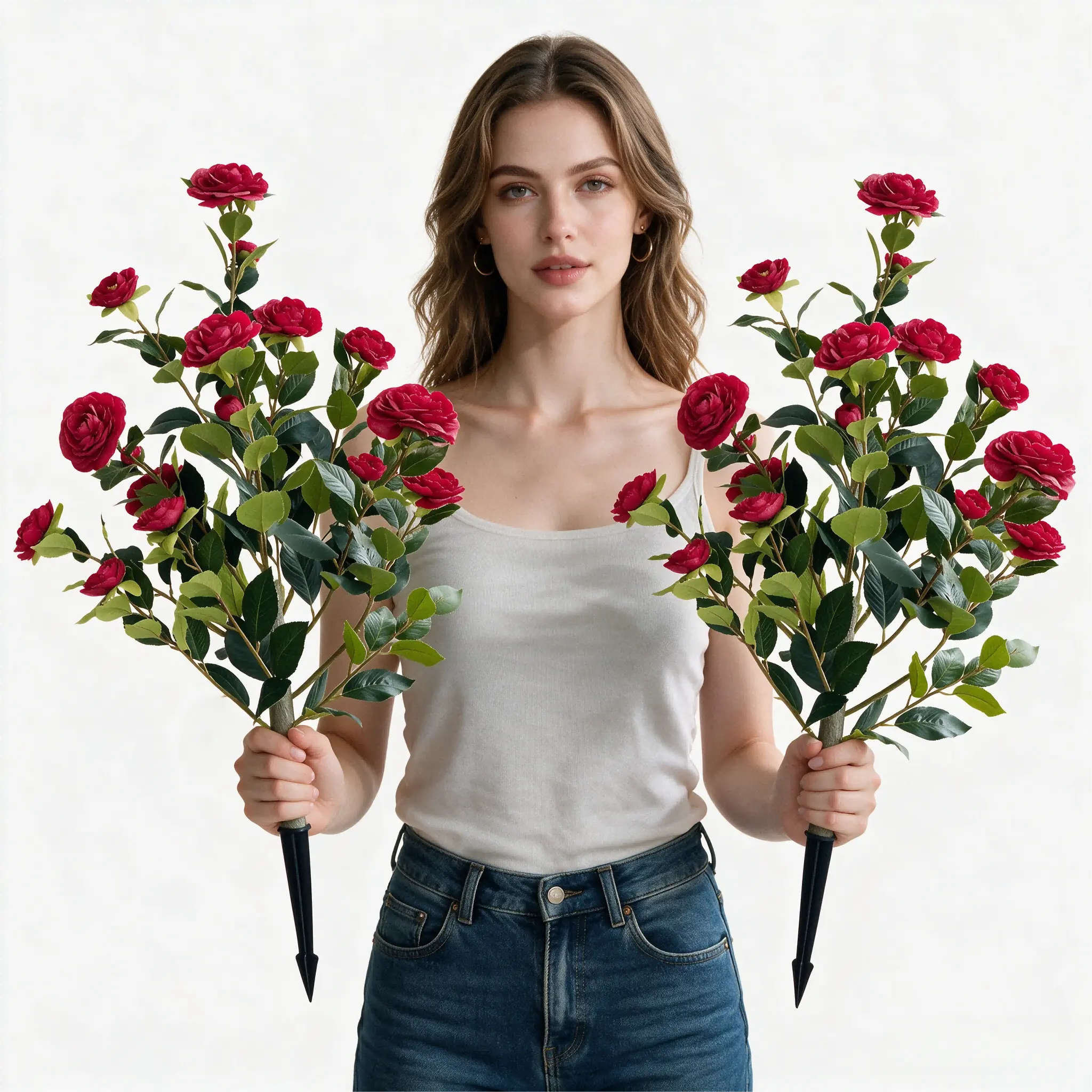 39" Red Artificial Camellia Tree 2-Pack, UV Weather Resistant No Fading Fake Flower Shrubs, Realistic Faux Plants for Patio Garden Bedroom Wedding Decor, Ideal Housewarming Gift