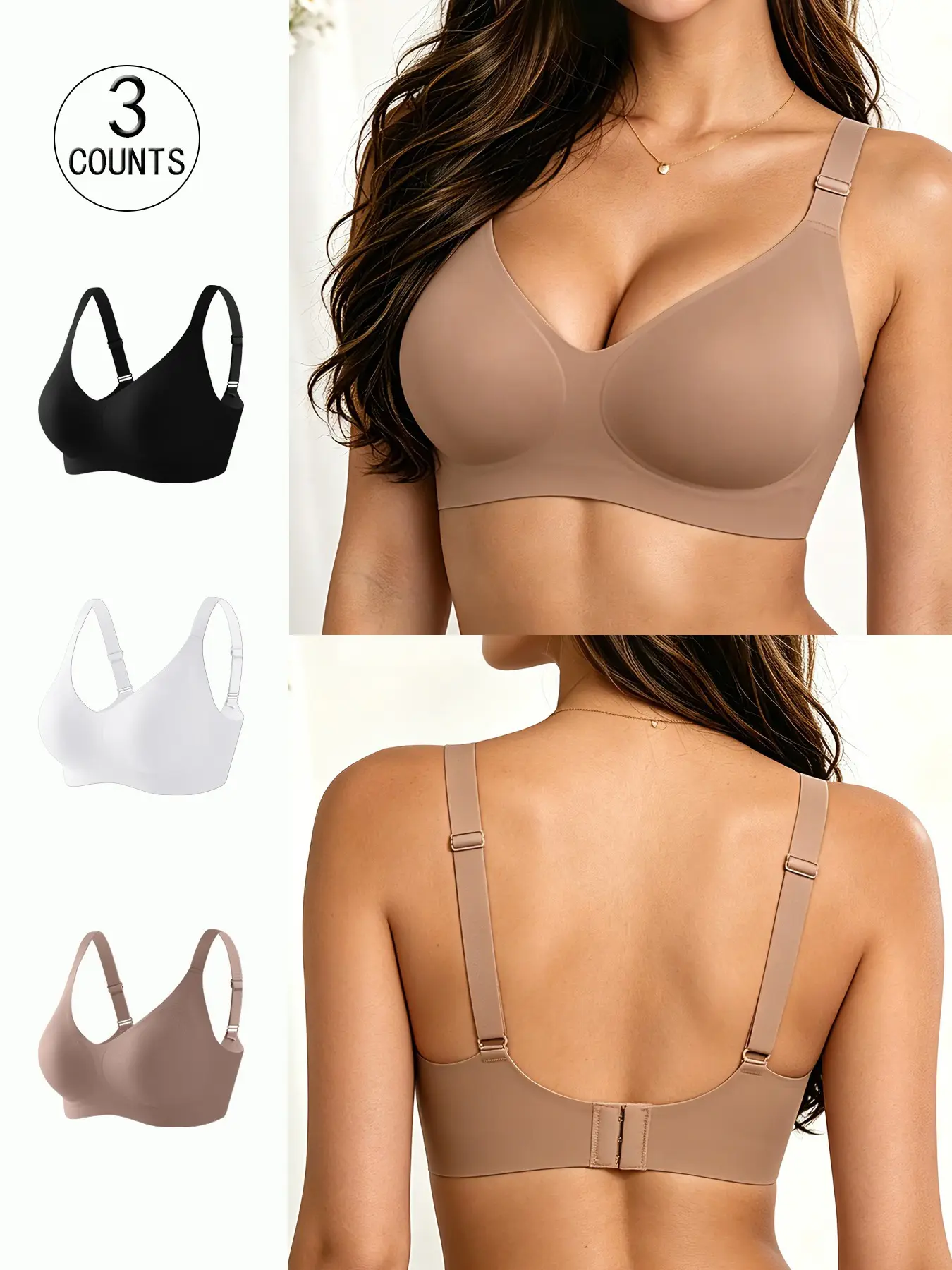3 Pack, 6 colors, Basic, Solid-color women's seamless jelly bra, Four rows, three buttons, XS-XL size, Fixed underwire, adjustable back, Suitable for daily casual wear, Without steel ring, Backless, Summer