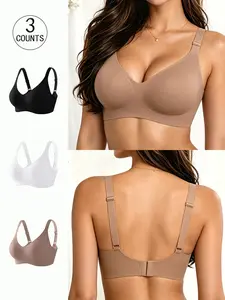 3 Pack, 6 colors, Basic, Solid-color women's seamless jelly bra, Four rows, three buttons, XS-XL size, Fixed underwire, adjustable back, Suitable for daily casual wear, Without steel ring, Backless, Summer