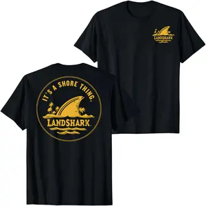 LandShark Shark Fin Beach Graphic Black T-Shirt It’s a Shore Thing Tropical Island Logo Print Tee, Coastal Beer Style Streetwear Shirt for Men Women Unisex Summer Casual Top