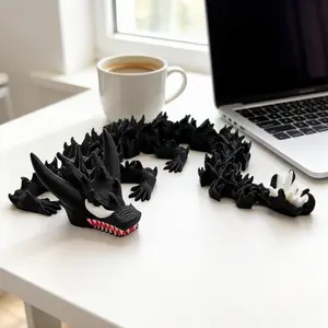 Mythical Beast Figure: High Detail Black Dragon with Red Teeth