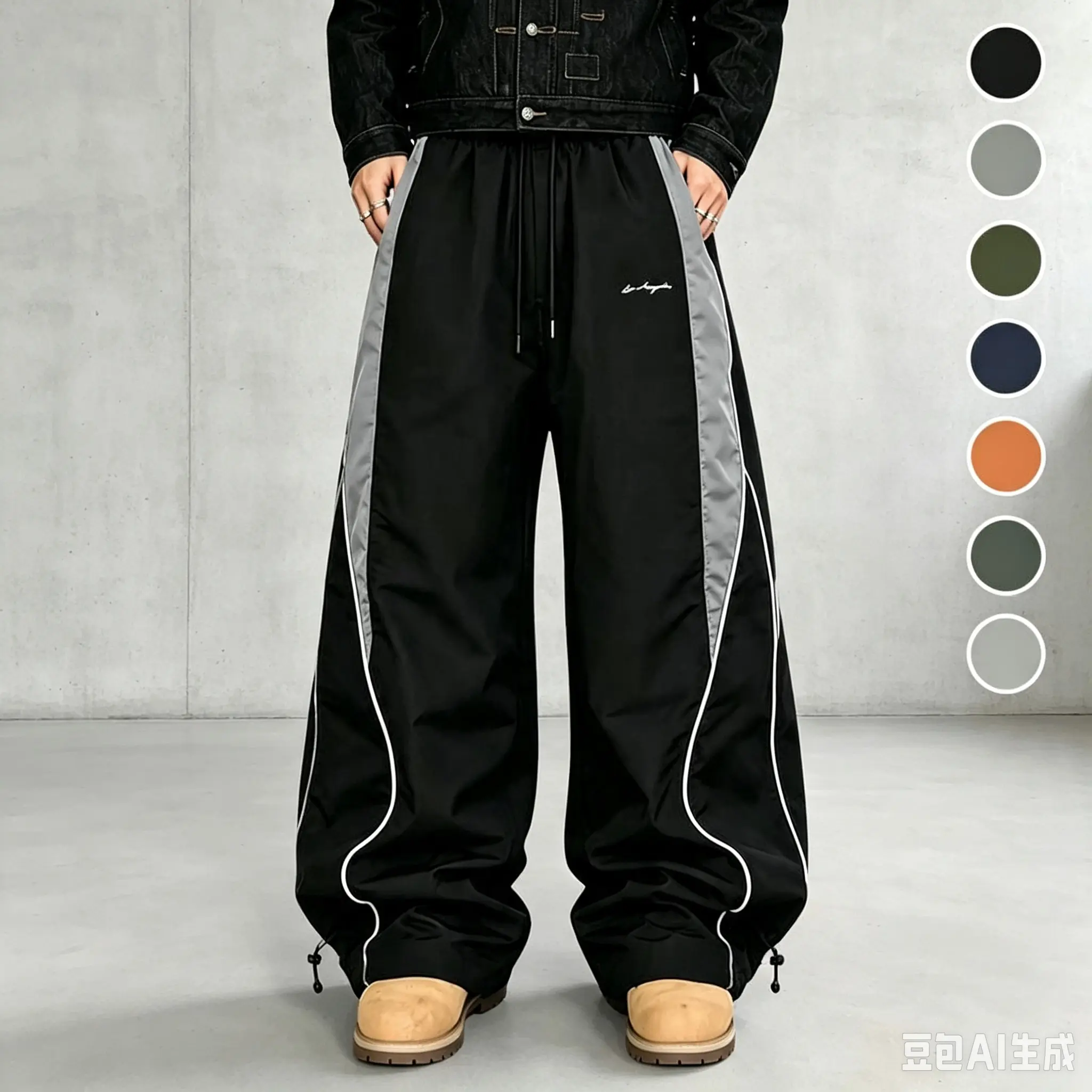 Men's Street Skate Side Black Panel White Curved Piping Wide Leg Windbreaker Pants, Dual Drawstring Waist & Ankle Convertible Jogger Floor-Length Trousers, Lightweight Windproof Water Resistant Quick Dry Breathable Loose Straight Tiny Embroidered Cargo Pa