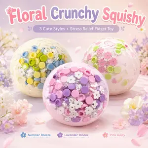 Floral Crunchy Squishy Ball, Cute Flower Filled Stress Relief Fidget Toy, Soft Sensory Squeeze Toy, Palm Size ASMR Desk Toy Gift for Teens & Adults