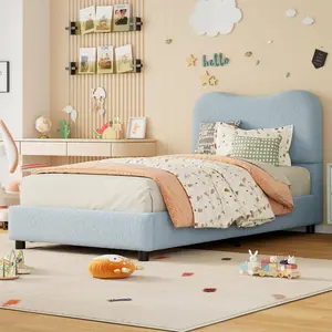 Twin Bed Frame for Velvet Upholstered Headboard Cute Low Profile Platform Bed for Girls Boys No Box Spring Needed Strong Wooden Slats Noise Free Easy Assembly Blue