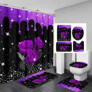 Rose teardrop diamond pattern shower curtain set, non-slip mat, U-shaped rug, toilet seat cover, perfect for bathroom decoration, beautifies the space, includes 12 shower curtain hooks, Bathroom Decoration Accessories