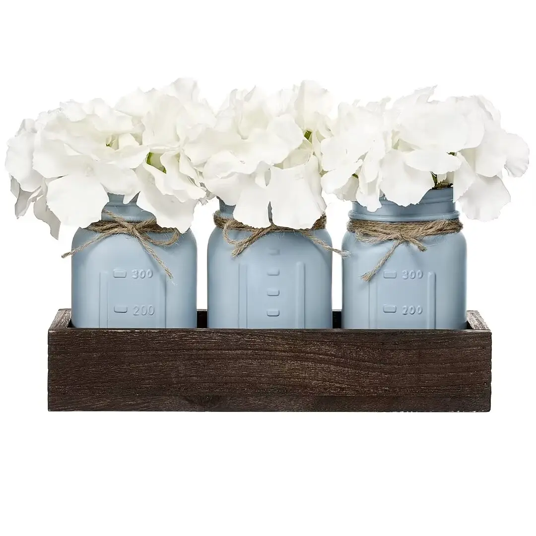 3 count Painted Jars Grey Blue Mason Jar Centerpiece Decorative with Wood Tray  Artificial Flowers Rustic Country Farmhouse Fall Decor for Coffee Table Dining Room Living Room Kitchen
