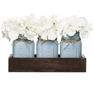 3 count Painted Jars Grey Blue Mason Jar Centerpiece Decorative with Wood Tray  Artificial Flowers Rustic Country Farmhouse Fall Decor for Coffee Table Dining Room Living Room Kitchen
