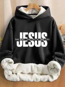 Unisex Hooded Sweatshirt, Jesus Letter Pattern, Lamb Fur Lined, Thick Long Sleeve, Casual Fall & Winter, Warm and Cozy