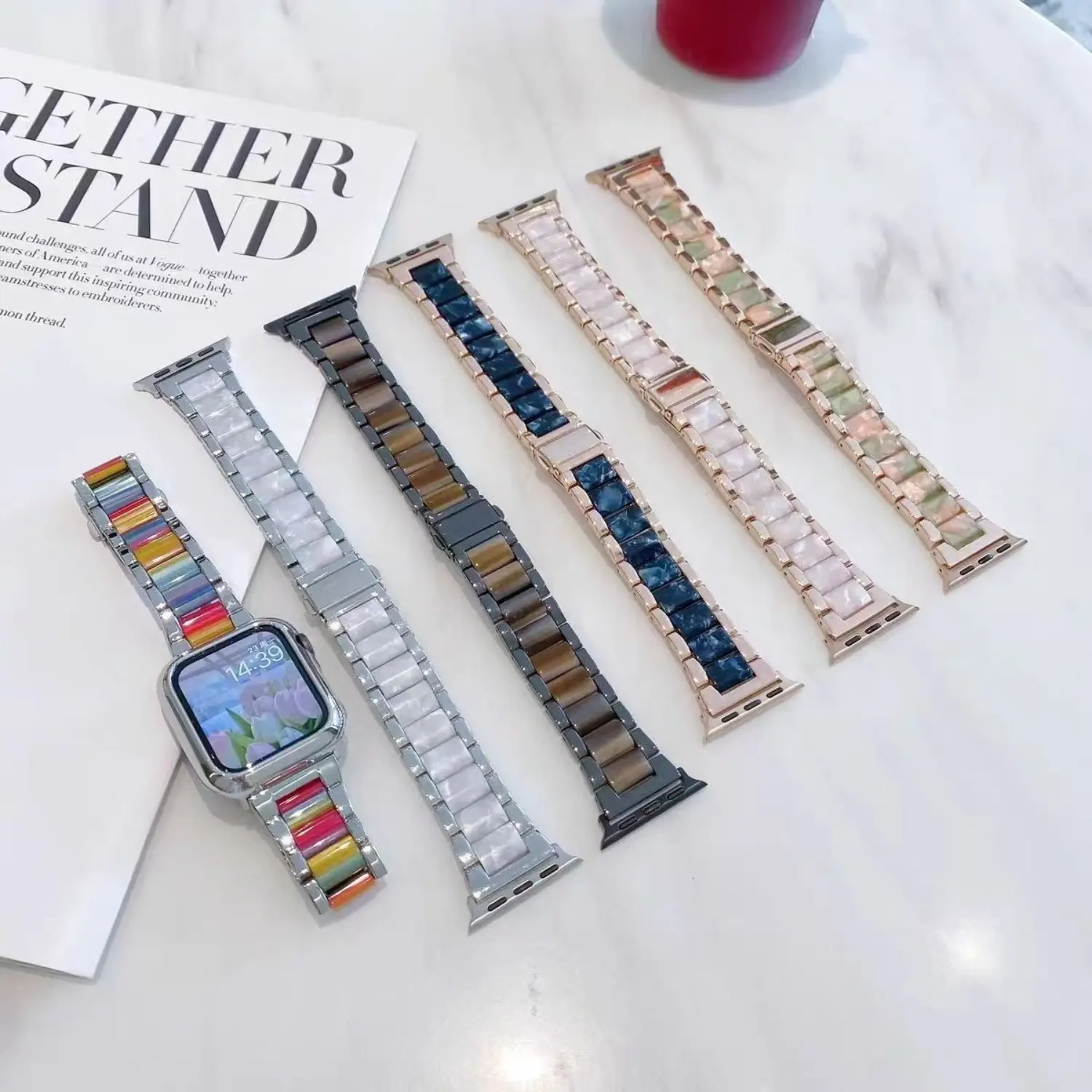 Applicable to all series of iwatch, available S10 three-bead metal resin strap, cross-border explosive rainbow resin