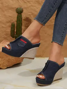 Women's Fashionable Denim Design Wedge Sandals, Casual Comfortable Platform Sandals for Summer, Female All-match Shoes for Beach Vacation, Footwear