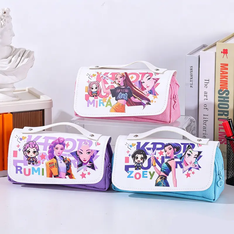 K-pop style flap-top zippered pencil case—a back-to-school essential. Made of waterproof PU material, it features a high-capacity design suitable for storing school, home, and office supplies.