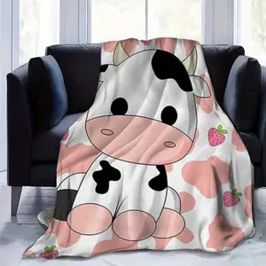 Pink Cow & Strawberry Print Flannel Blanket, Warm & Lightweight Blanket Perfect Gift For Family And Friends, Suitable For Sofa Or Bedroom