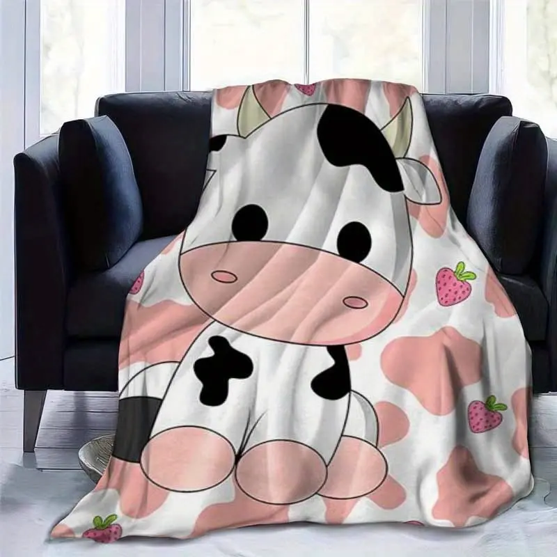 Pink Cow & Strawberry Print Flannel Throw Blanket - Warm, Lightweight Festive Home Decor Gift for Family - Suitable for Sofa, Bedroom