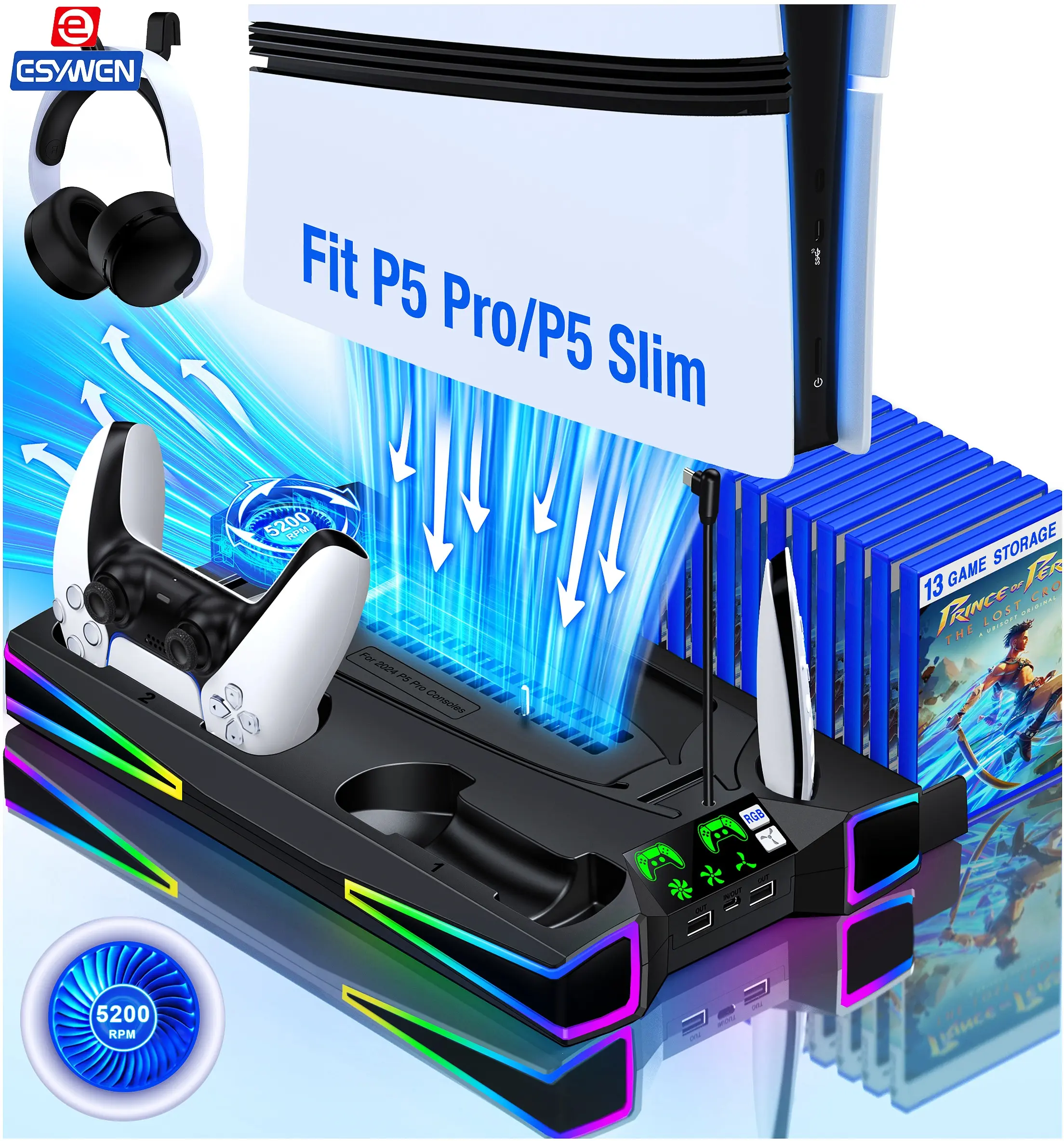 ESYWEN PS5 Stand Cooling Station for PS5/PS5 Slim Console, PS5 Accessories Vertical Stand with 2.36in Large P5 Fan Cooling Fan, Colorful Light, Dual Controller Charger, Headset Holder, 3 Charger Port-Black
