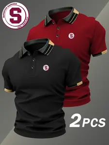 Two-Pack Hh4196 Costa Rica Football Club Emblem Print Men's Polo Shirts, Elastic Casual Breathable All-Season Comfortable High-End Polo Tops Polo Shirt Set