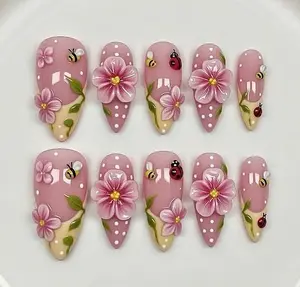 Handmade Long Almond Press-On False Nails - 3D Floral, Ladybug, Bee Designs, Pink Polka Dots - Spring Cottagecore Garden Art for Beauty Enthusiasts