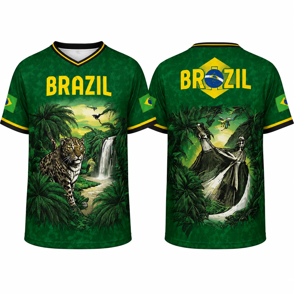 2026 Brazil-Inspired V-Neck Sports Shirt for Men Women, Green Yellow Jungle Jaguar Graphic Soccer Style Top, Quick Dry Breathable Athletic Tee