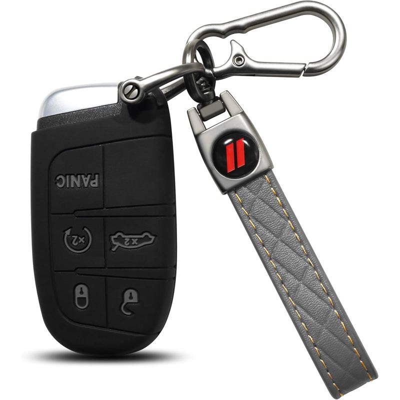 for Dodge Key Fob Cover with Keychain for Dodge Charger Challenger Dart Durango Journey Replacement Remote Control 3 4 5 Buttons Key Fob Shell (Gray Trim, 1 PC)