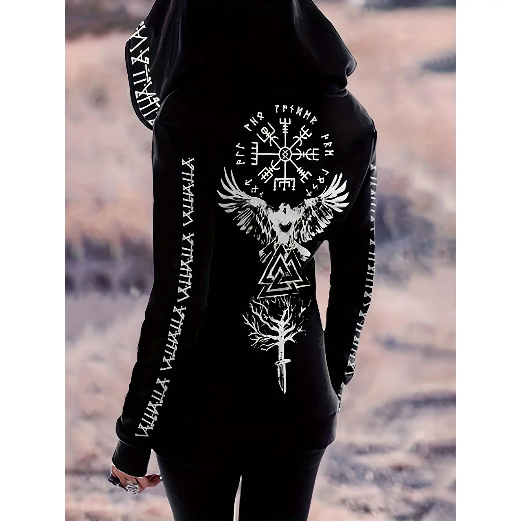 Women's Viking Pattern Vintage Gothic Knit Hoodie - Casual Zipper Longsleeves Drawstring Sweatshirt Top, Tops, Polyester, Regular, Zippered Front