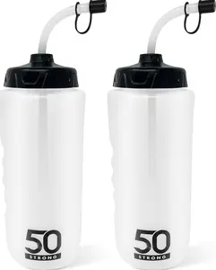 50 Strong Two 1 Liter BPA-Free Water Bottles with Angled Long Straws Built-In Finger Grip and Wide-Mouth Opening Ideal for Sports Like Hockey Football Lacrosse and Fitness Activities