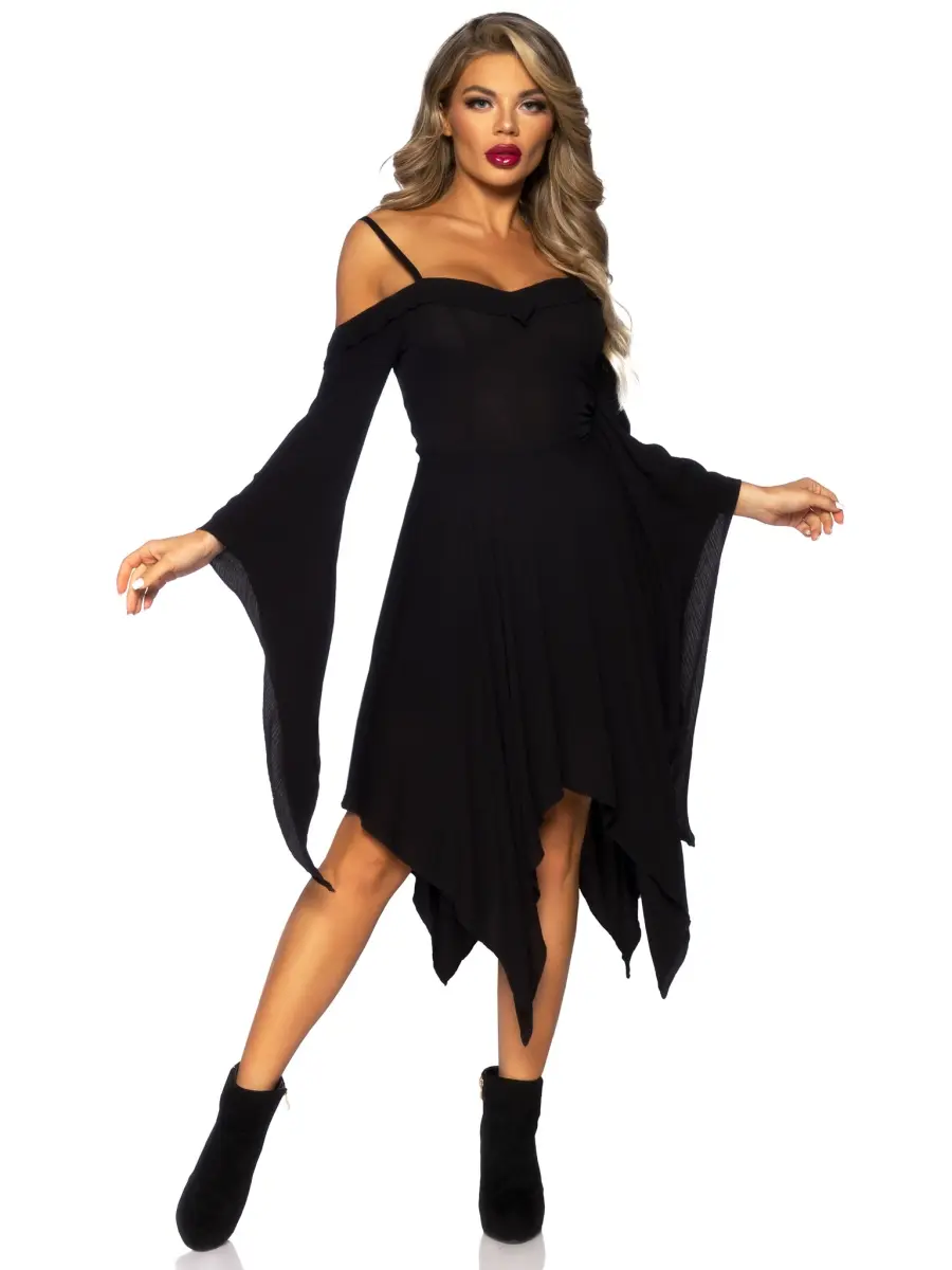 Leg Avenue Fitted Cold Shoulder Bell-Sleeve Cotton Gauze Costume Dress for Dogs & Cats - Black, Medium (87117-00102) with Scarf, Hat, Wings, Fabric Accessories for Halloween Witch, Angel Costume Ideas