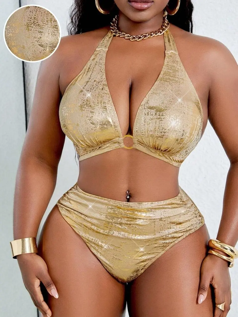 Plus Size Metallic Sexy Swimsuit Set - Dazzling Summer Beach Vacation Partywear