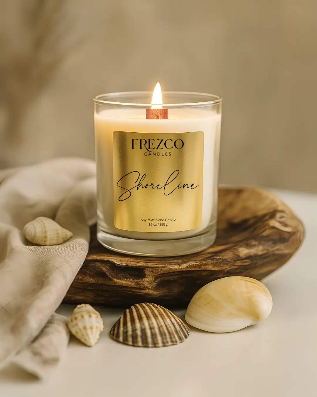 Luxury Beach Scented Candle | Wood Wick | Shoreline – Coastal Waters Coconut & Sandalwood | Coconut Soy Beeswax Blend