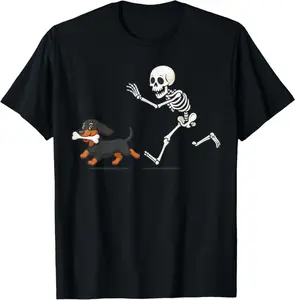 Halloween Dachshund Funny Skeleton Chasing Dog Men Women T-Shirt