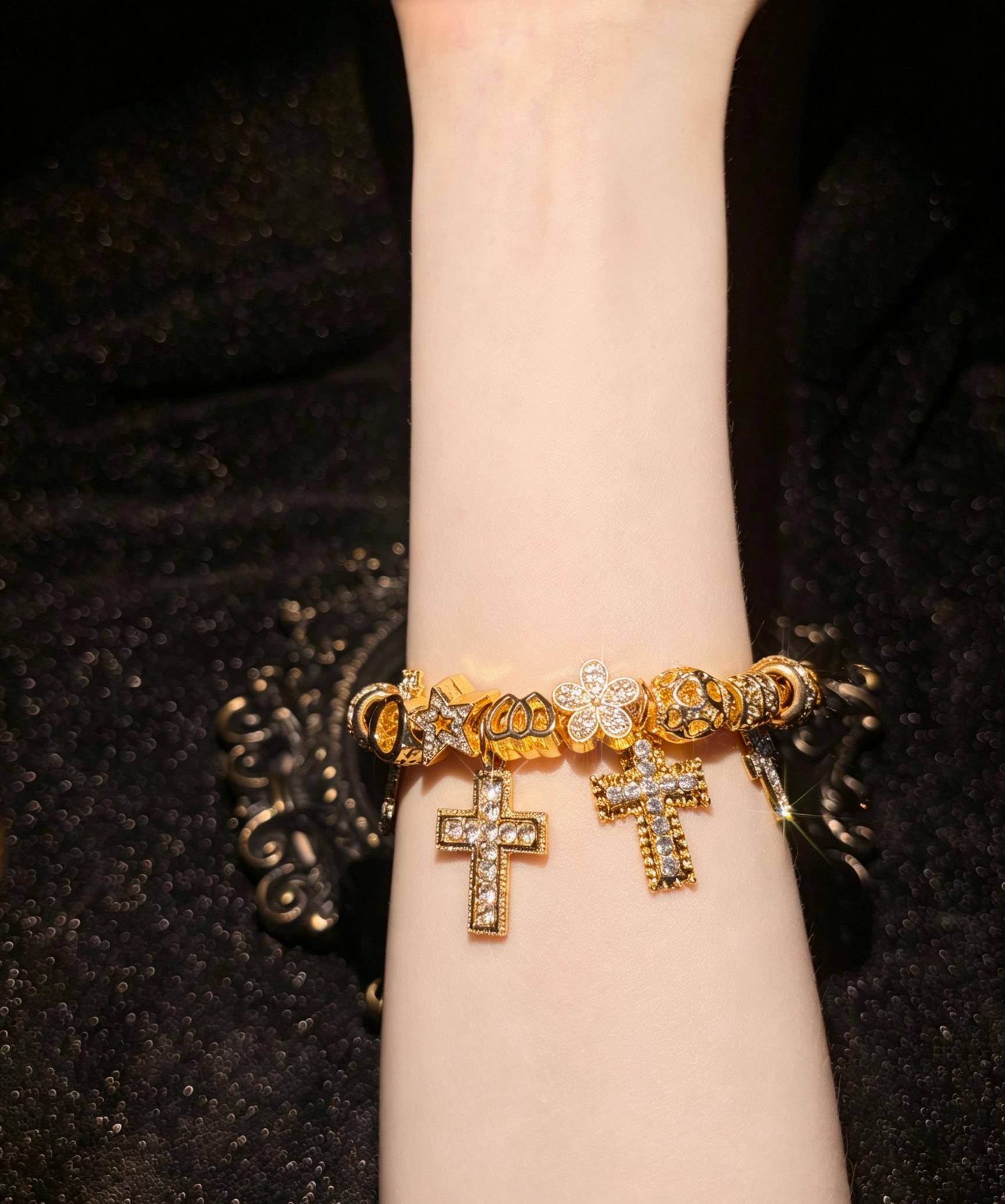 Women's Gold Tone Charm Bracelet, Sparkling Cross & Flower Rhinestone Charms Bangle for Daily Party Wear