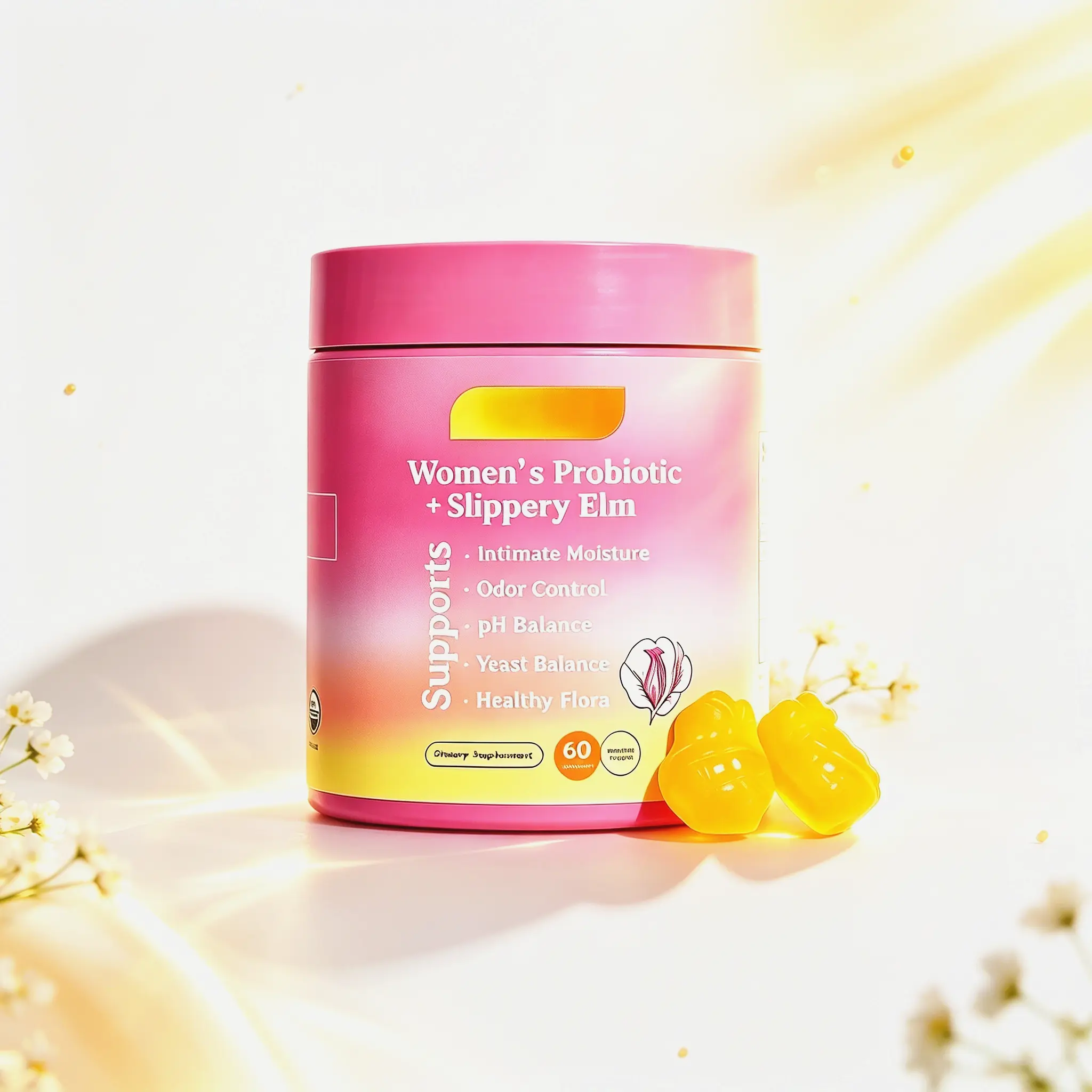 Women's Probiotic Gummies with Concentrated Slippery Elm, Feminine Vaginal Wellness Supplement for pH Harmony, Full Odor Management, Natural Moisture Restoration, 60 Pineapple Flavor Chews