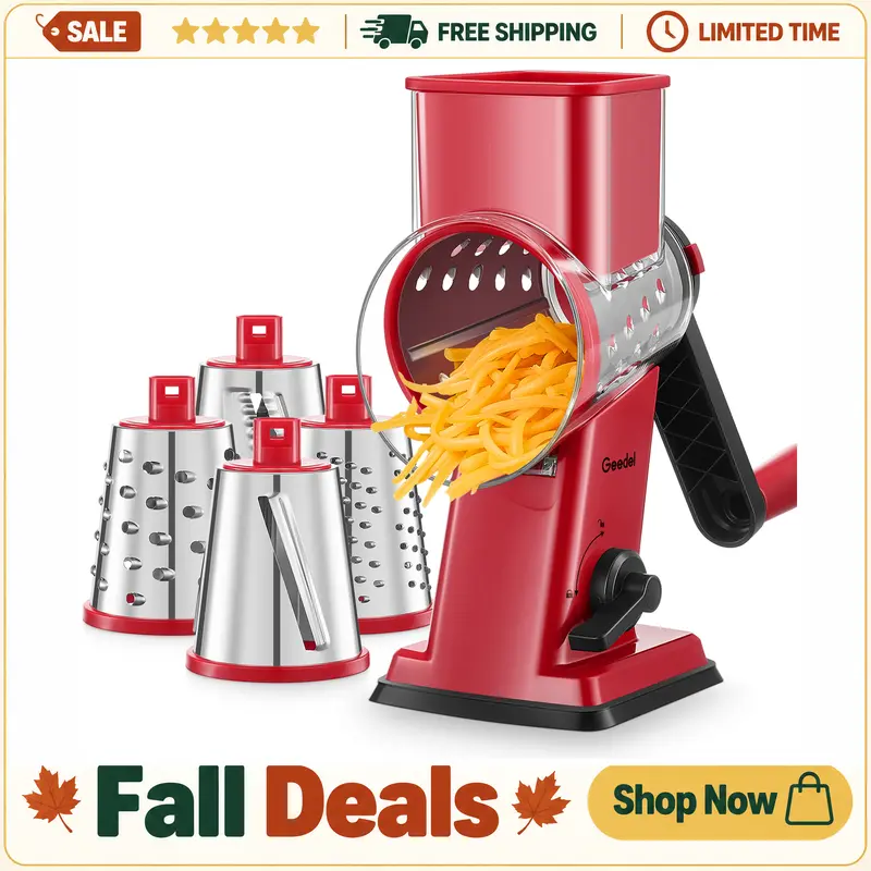 Geedel 4-in-1 Rotary Cheese Grater Shredder - BPA-Free Kitchen Gadget with Handle, Plastic Body, Reinforced Suction Cups, Stainless Steel Wavy Blades, Vegetable Slicer, Detachable Rack for Hassle-Free Customizable Flavor Prep (Red),home essentials