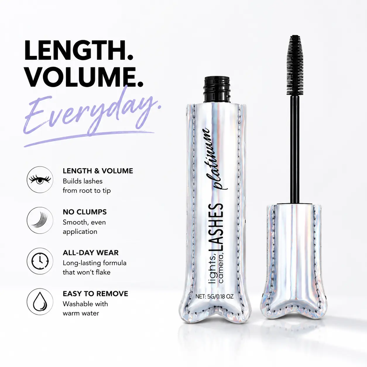 5G Tubing Mascara, 0.18 oz Black Cosmetic, Flawless Buildable Volume, Water-Proof, Bold All-Day Wear, Everyday Lengthening Mascara