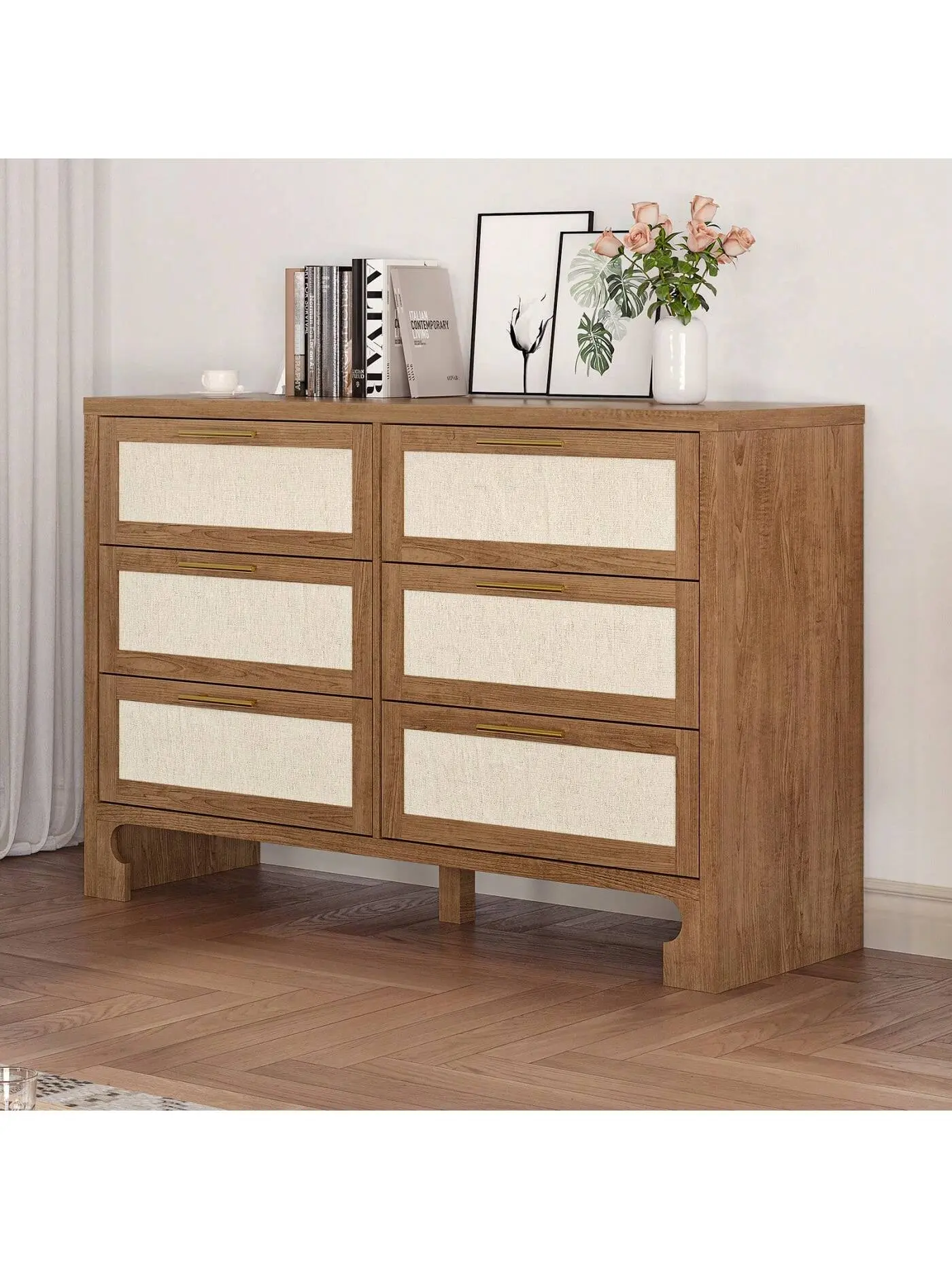 【Christmas Gift】Modern 6-Drawer Double Wooden Dresser - Rattan Dresser, Drawer Storage Cabinet, Buffet Sideboard Cabinet, Golden Handles, Bedroom Side Table, Natural Finish Storage Unit, Rattan Drawer Dresser