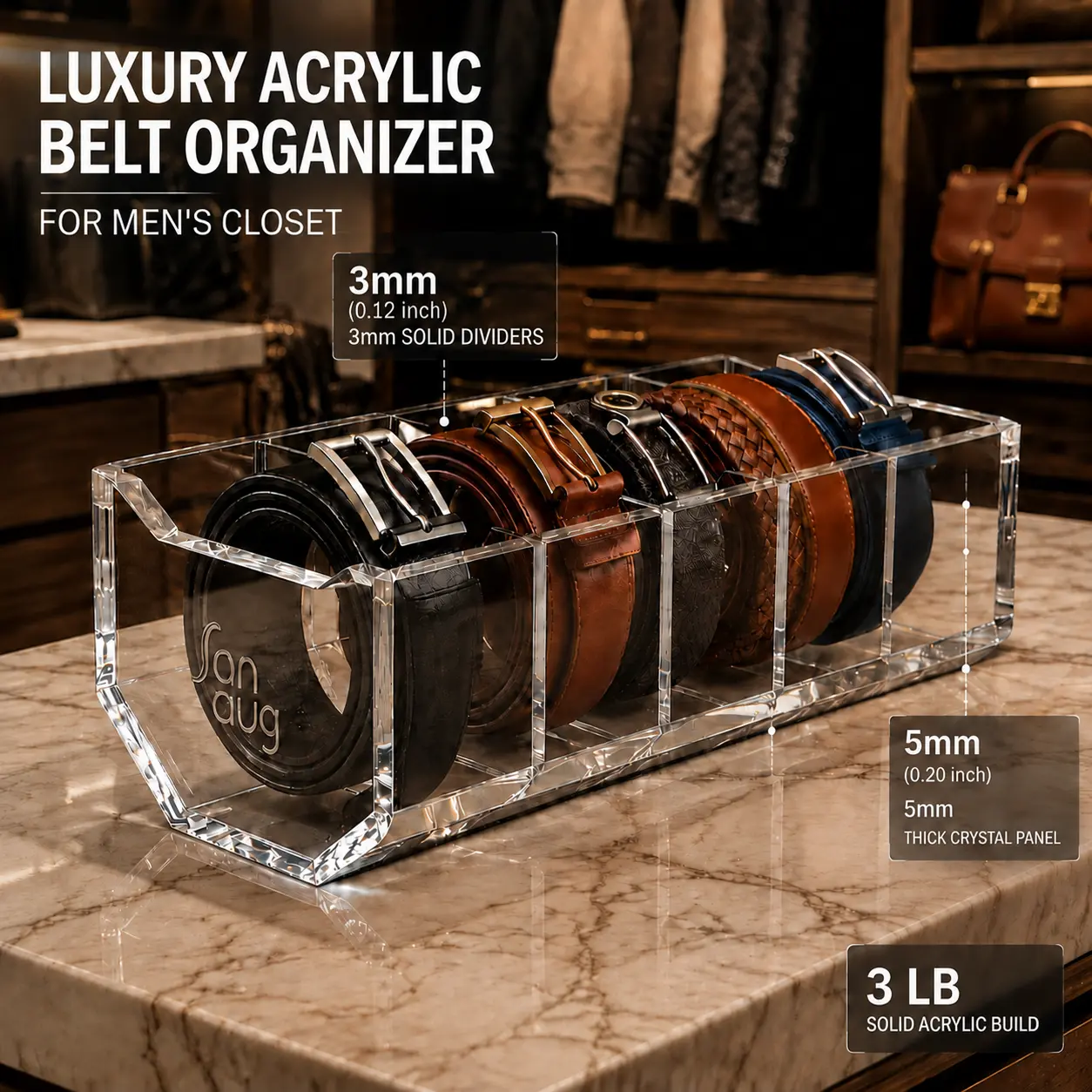 5-Slot Premium Acrylic Belt Display Organizer, 3 LB Heavy-Duty Clear Belt Holder with 5mm Thick Outer Panels & 3mm Solid Dividers, Closet Storage for Belts, Ties & Accessories