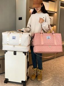 solid color large capacity travel bag, lightweight portable foldable travel bag, travel essentials,  multifunctional dry & wet separation travel bag, yoga fitness bag