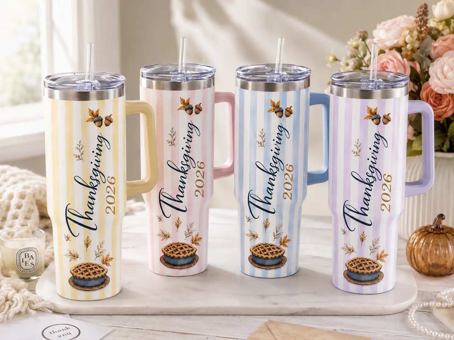 Thanksgiving 2026 Tumbler with Handle and Straw, Pastel Striped Fall Pie Travel Cup, Autumn Leaves Drinkware, Cute Thanksgiving Gift for Women, Insulated Stainless Steel Mug