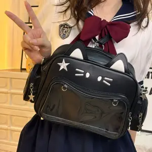 Cat Ita Bag Pin Display Backpack Cute PU Leather Preppy Backpack for Girls with Clear Window, Y2K Ideal for School, Anime Conventions, and Daily Use Valentine's Day Gift TikTokShopJumpstartSale