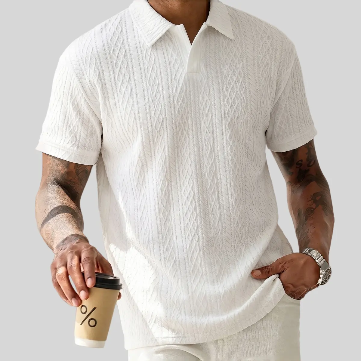 Men's Premium Textured Cable Knit Short Sleeve Polo Shirt - Menswear, Breathable Relaxed Fit Summer Casual Old Money Golf Shirt