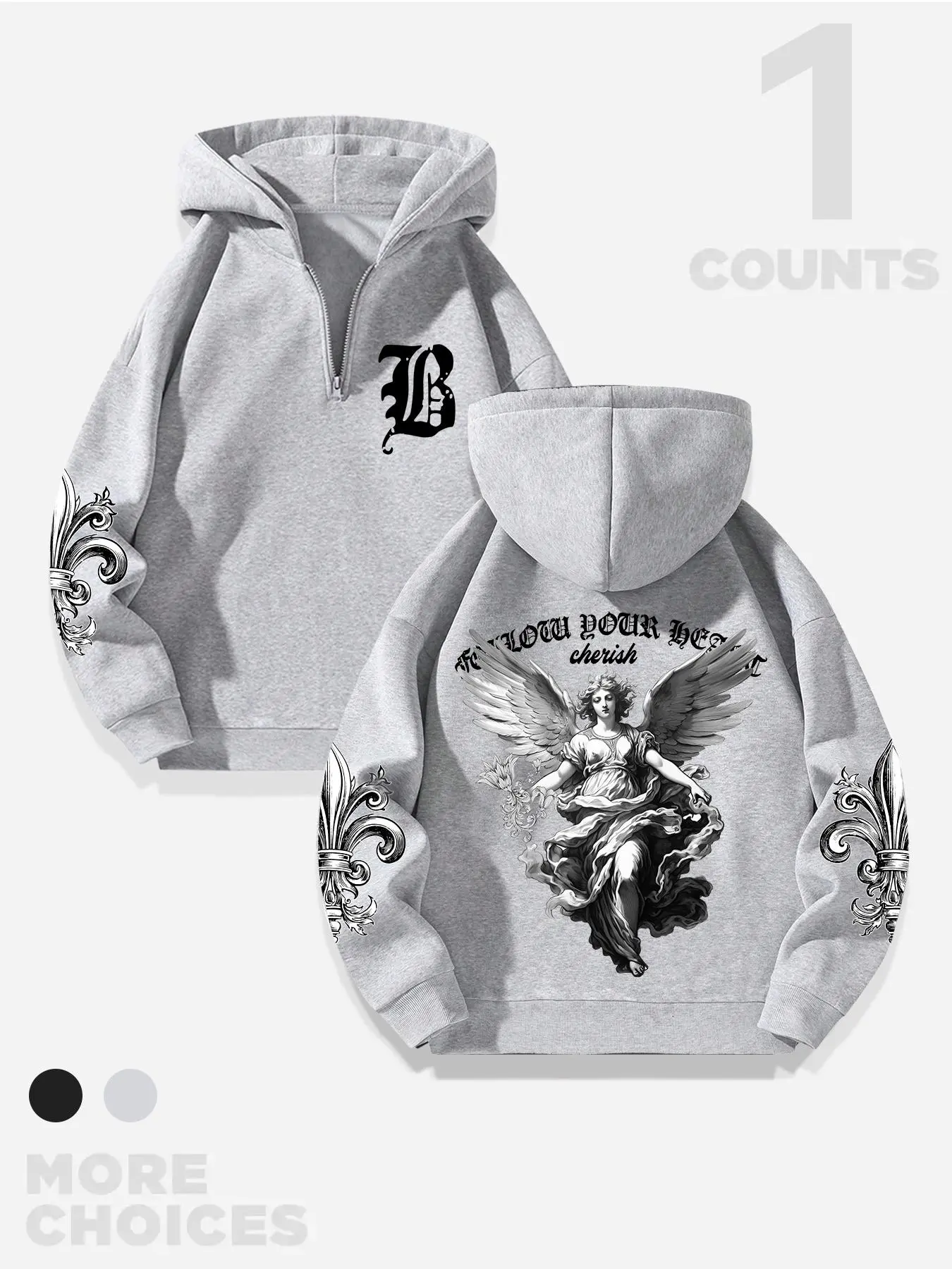 Men's Angel & Letter Print Zip Up Thermal Lined Graphic Print Hoodie, Casual Regular Fit Long Sleeve Drop Shoulder Hooded Sweatshirt for Fall & Winter, Men's Top for Daily Wear